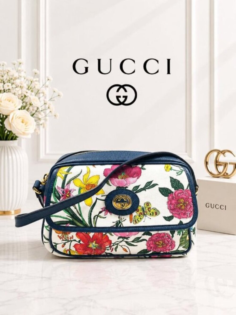 Authentic Gucci Flora Floral Canvas Interlocking GG Navy Leather Crossbody Bag